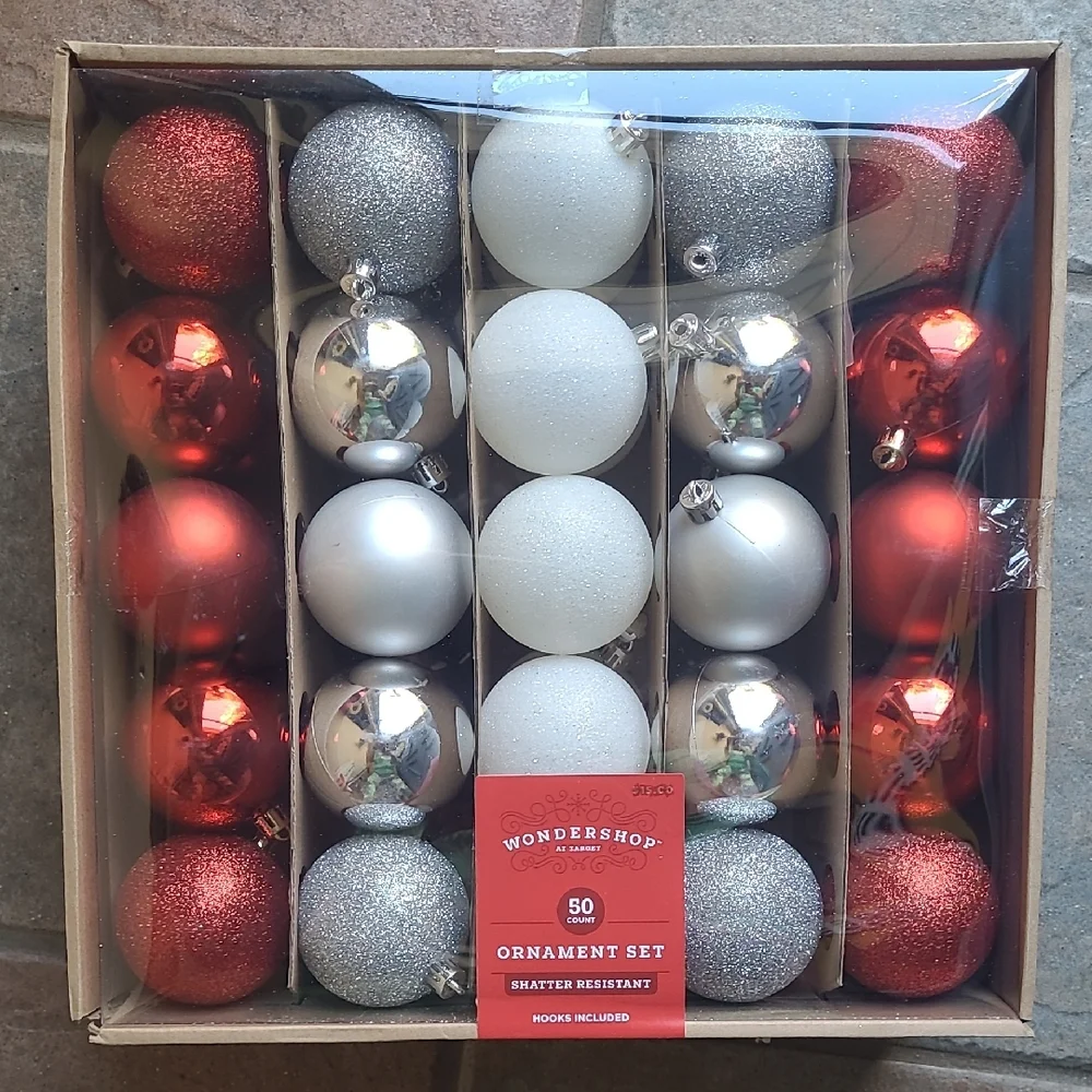New Box Wondershop Festive Red Silver White 50 Ornament Collection Set